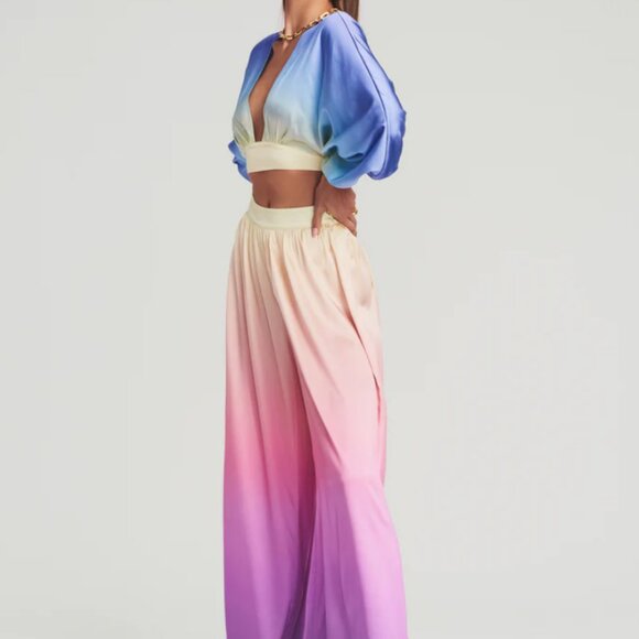 Retrofete 2-Piece Set Rainbow Sky Silk Wide Leg Pants Crop Top Set Womens Medium - Picture 3 of 14